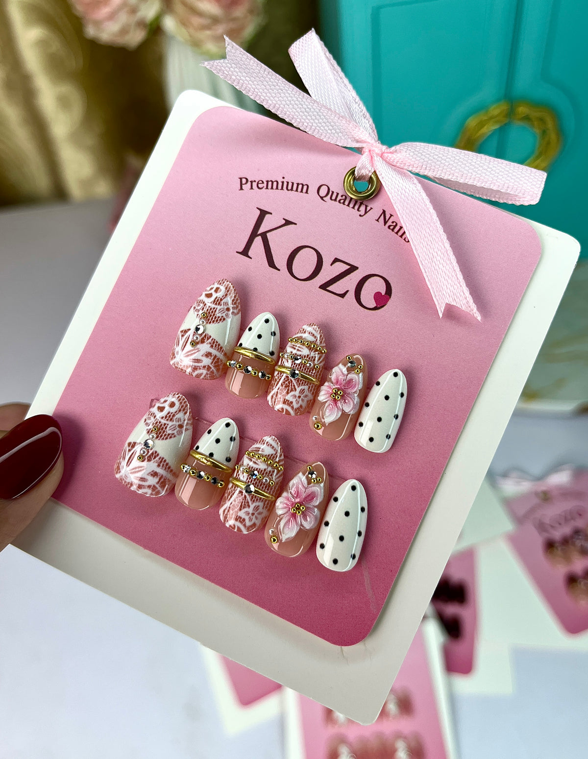 Lace Polka dot nails with 3D art