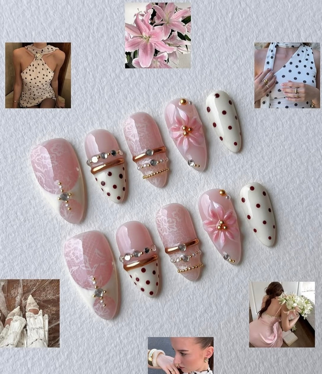 Lace Polka dot nails with 3D art
