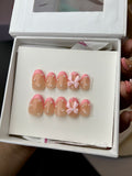 Pink bow short oval French tips