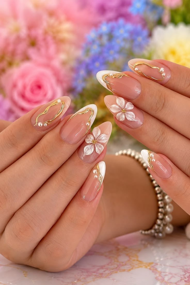Almond French nails with 3D art