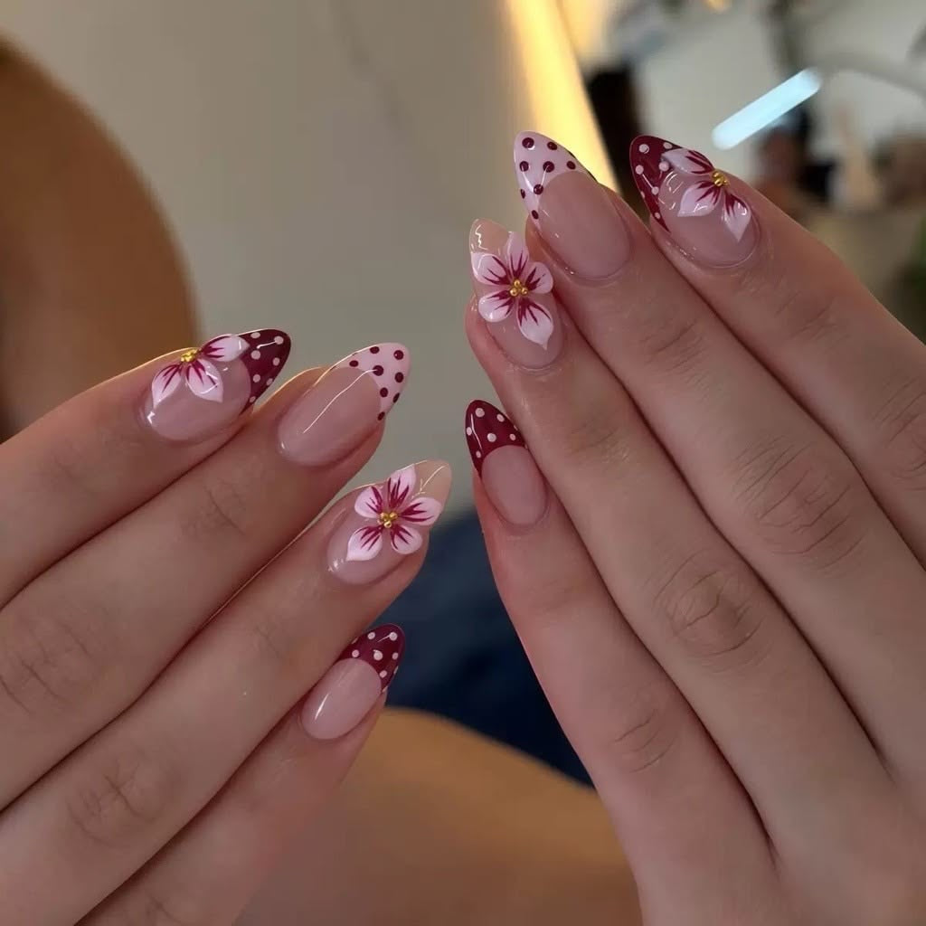 Pink and purple polka dot nails