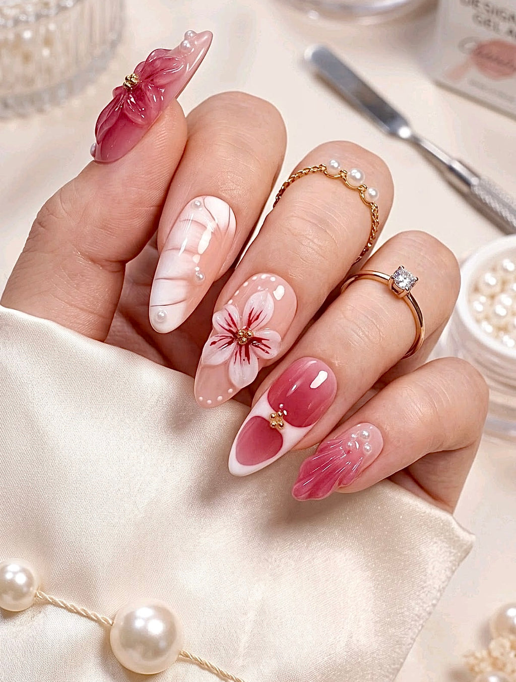 Pink 3D flowers nails