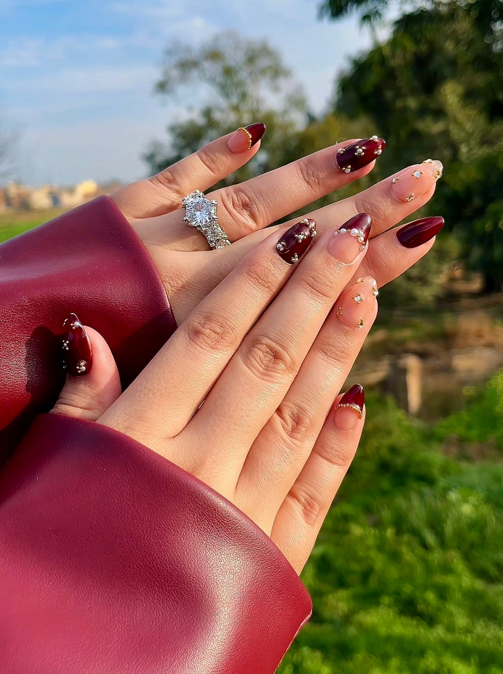 Handmade cherry red bridal nails