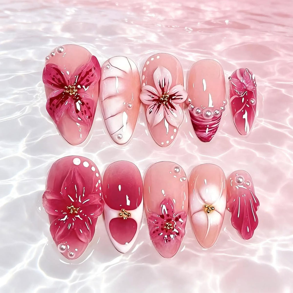 Pink 3D flowers nails