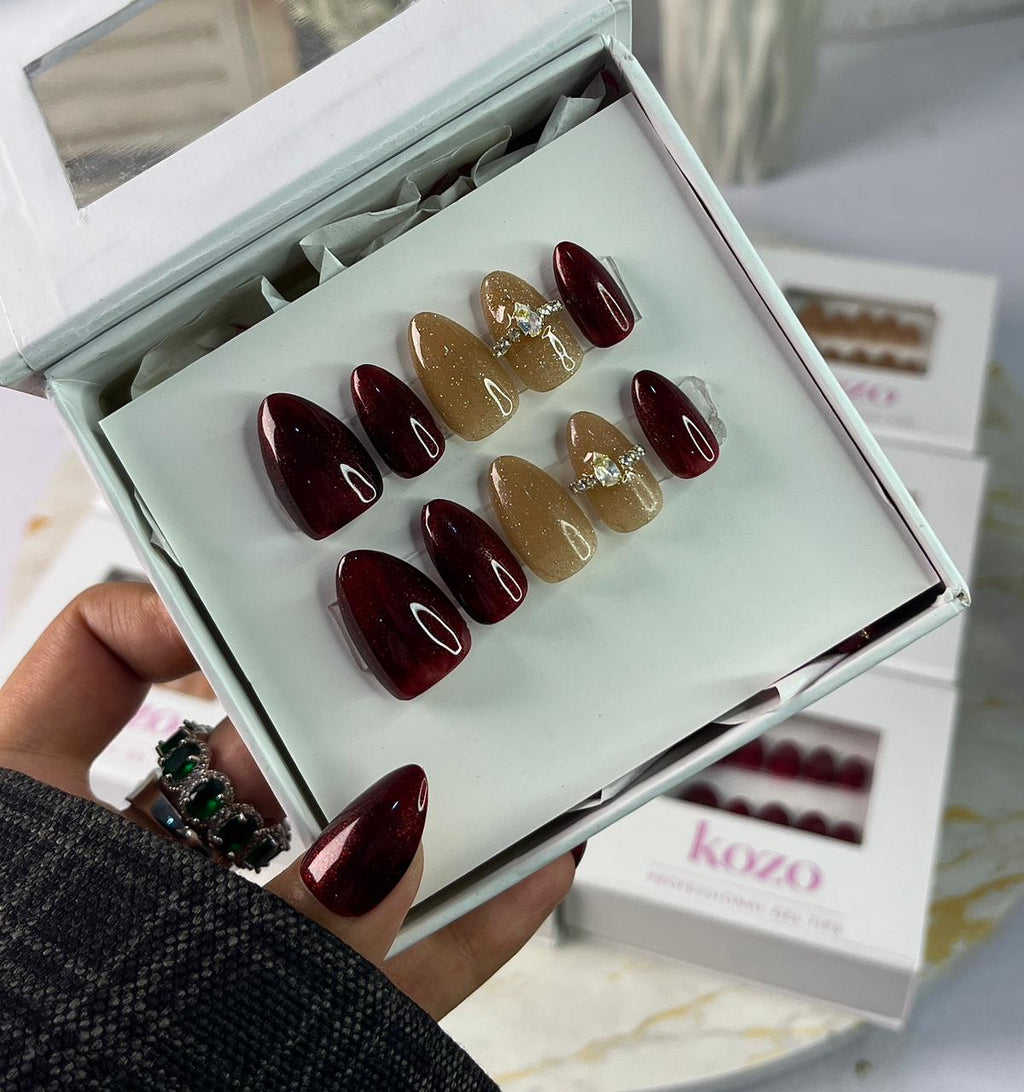 Red and golden cat eye nails