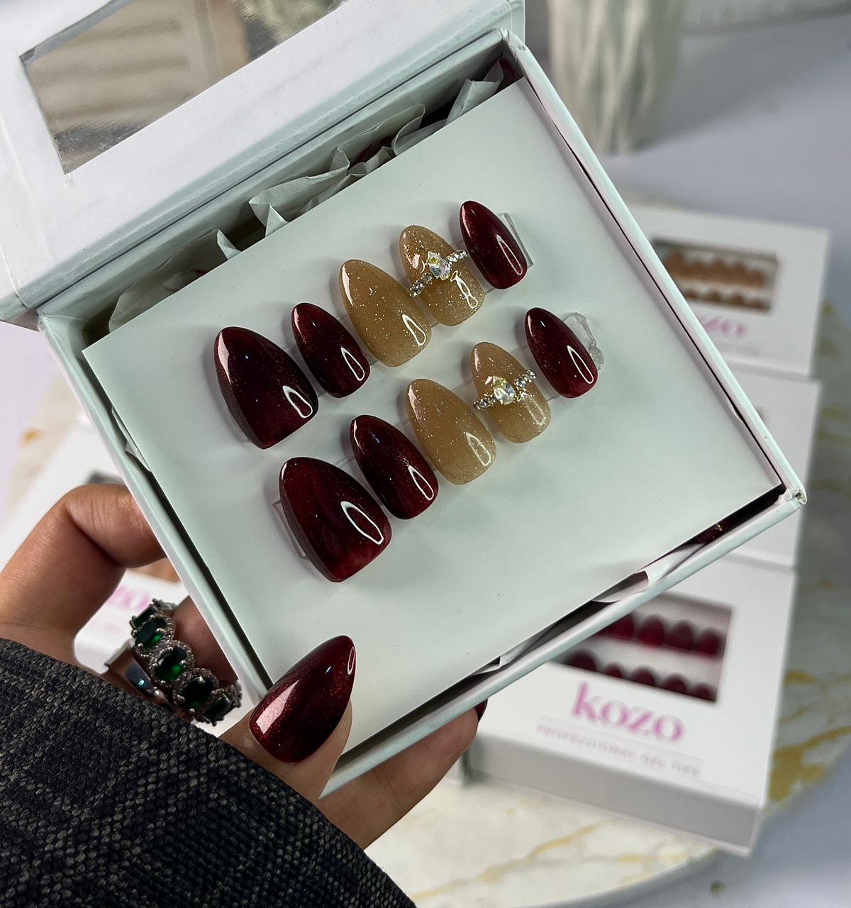 Red and golden cat eye nails